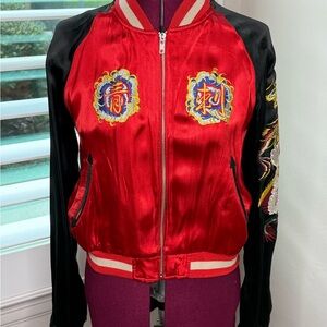 Embroidered Vintage Reversible Red and Black Women's Bomber Jacket